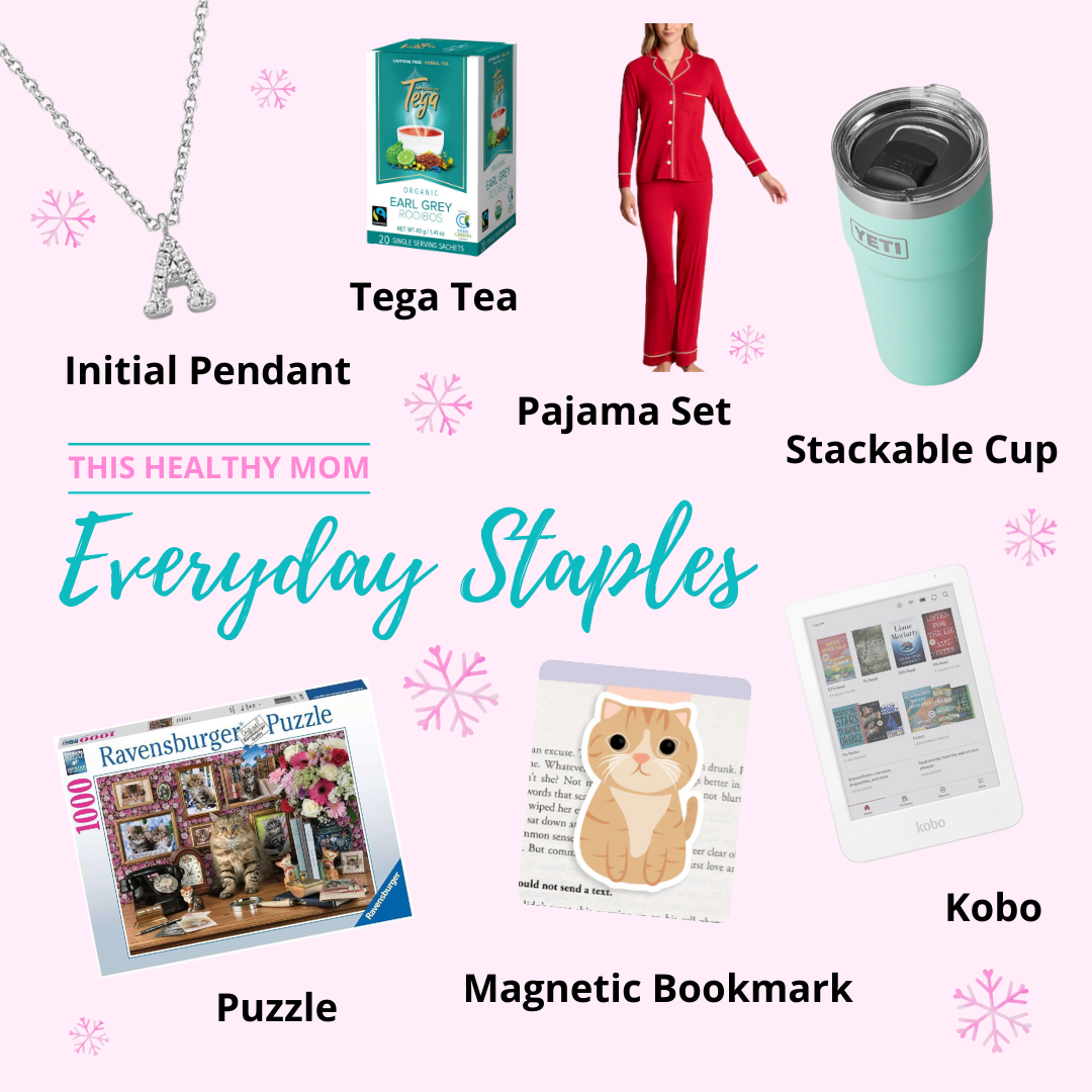 Images of Caitlyn's "Everyday Staples" gift guide list. Includes an initial pendant from Minichiellos, Tega Tea, a Love & Lore red pajama set, a Yeti stackable cup, a Ravensburger puzzle, a Magnetic Bookmark, and a Kobo