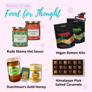 Image containing items from Caitlyn's "Food for Thought" gift guide including Rude Mama Hot Sauces in Original and Pineapple, Plant Based Workshop's Vegan Ramen Kits, Dutchmans Gold Honey, and Purdy's Himalayan Pink Salted Caramels
